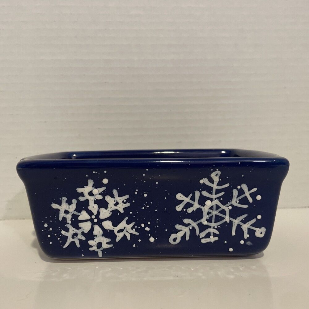 NANTUCKET Stoneware Ceramic LOAF PAN Bread Baking Mini Blue Snowflake ❄️ 6x4 🎁